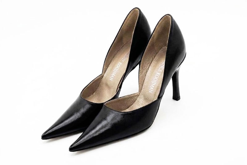 Dress pumps open arch in satin black leather with high slim heels and pointed toe - Front view
